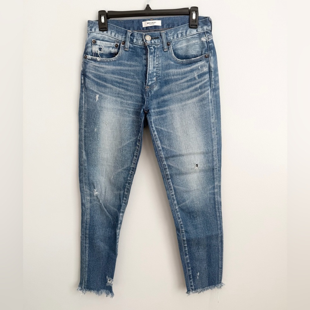 Moussy Vintage Jeans Size 26 • Blue Distressed Skinny Jeans Raw Hem.